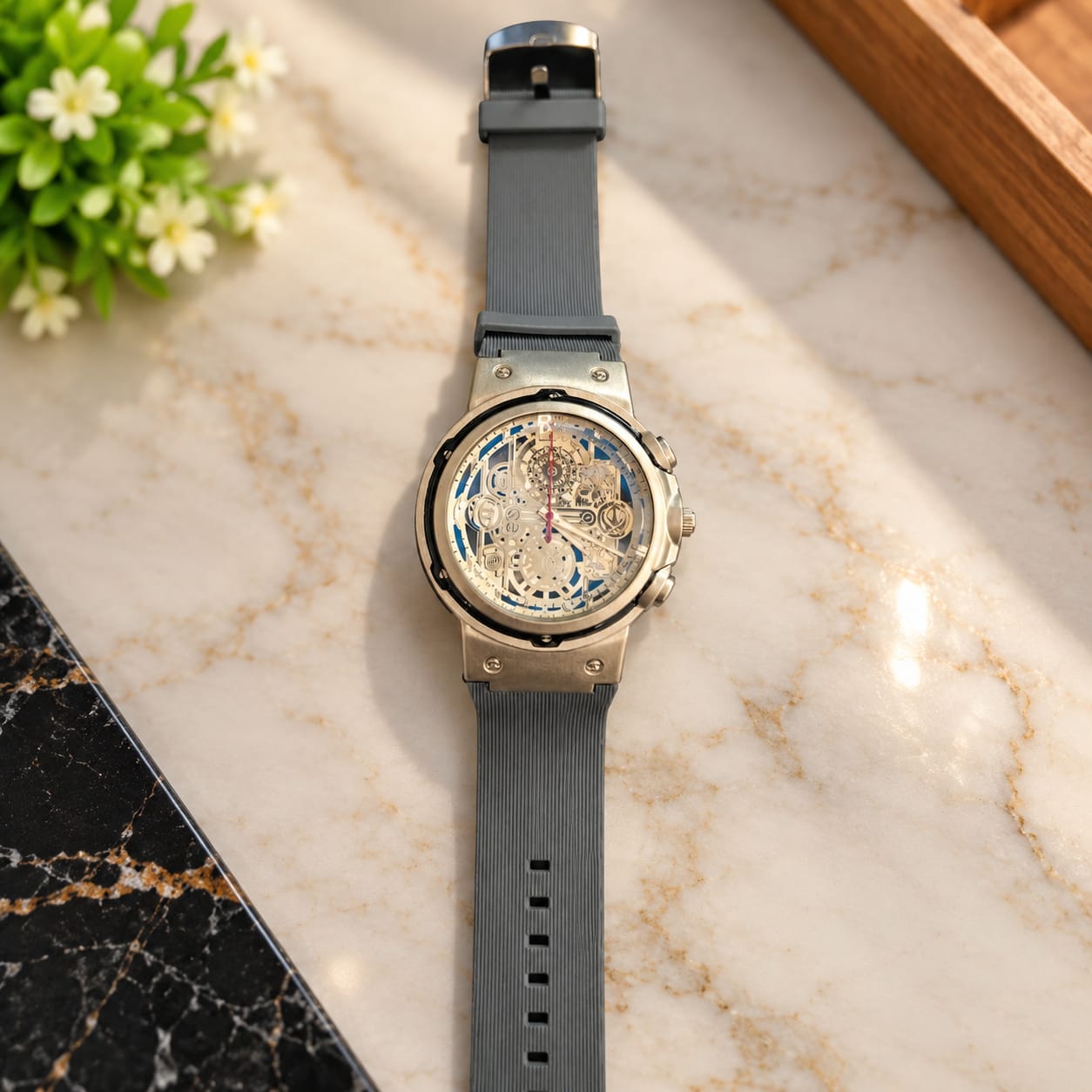 BK Men's Silver & Grey Skeleton Dial Watch with Rubber Strap – Sporty Luxury Wristwatch