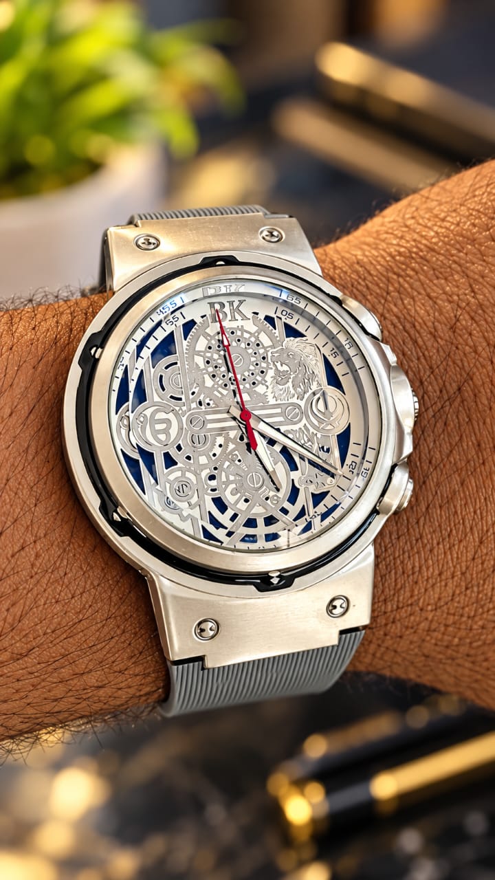 BK Men's Silver & Grey Skeleton Dial Watch with Rubber Strap – Sporty Luxury Wristwatch