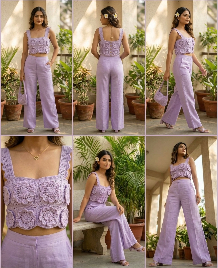 Handmade Crochet Lavender Floral Crop Top | 3D Flower Granny Square Tank Top | Pastel Purple Summer Festival Camisole Top