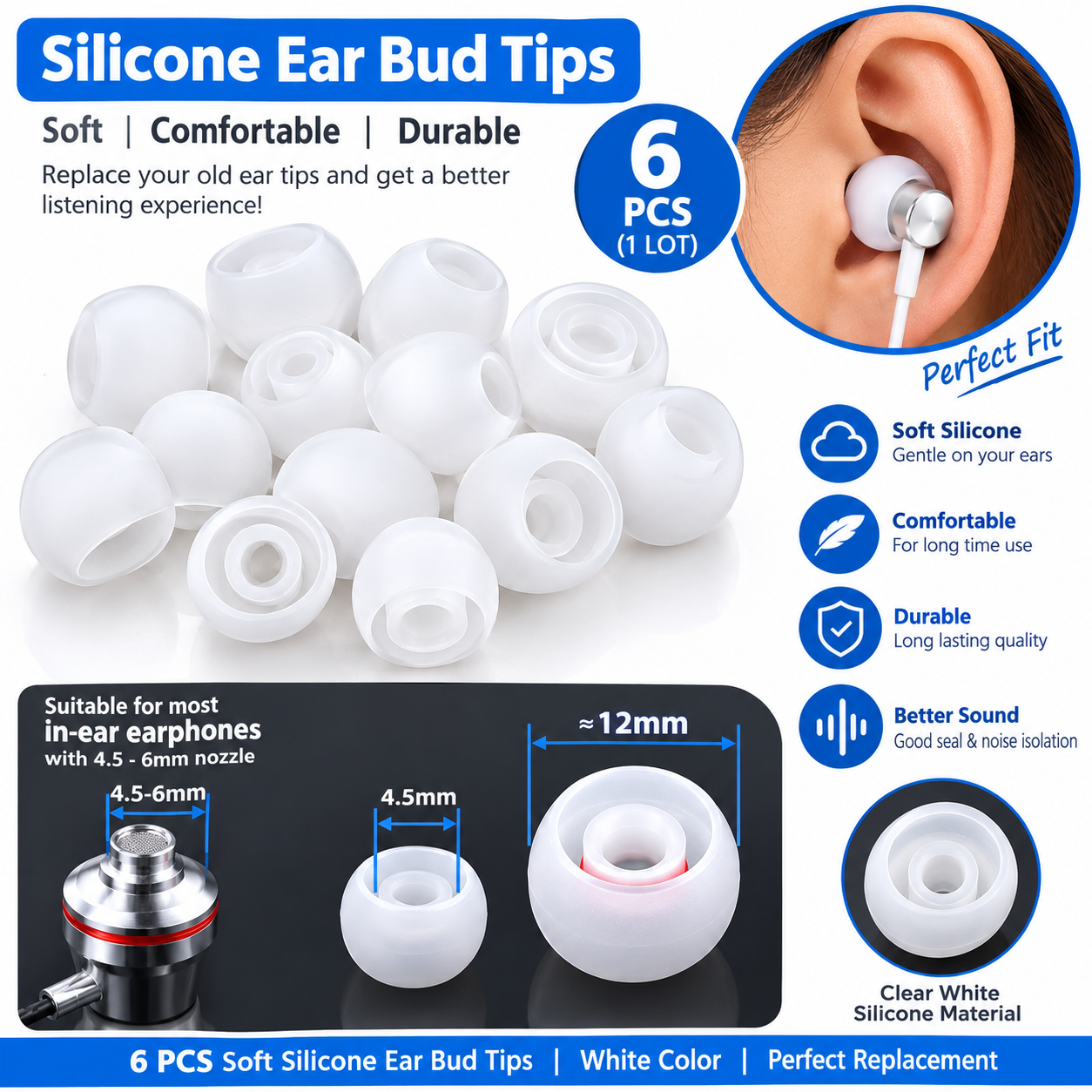 6 Pcs White Colour Soft Silicone Ear Buds Tips Rubber Caps