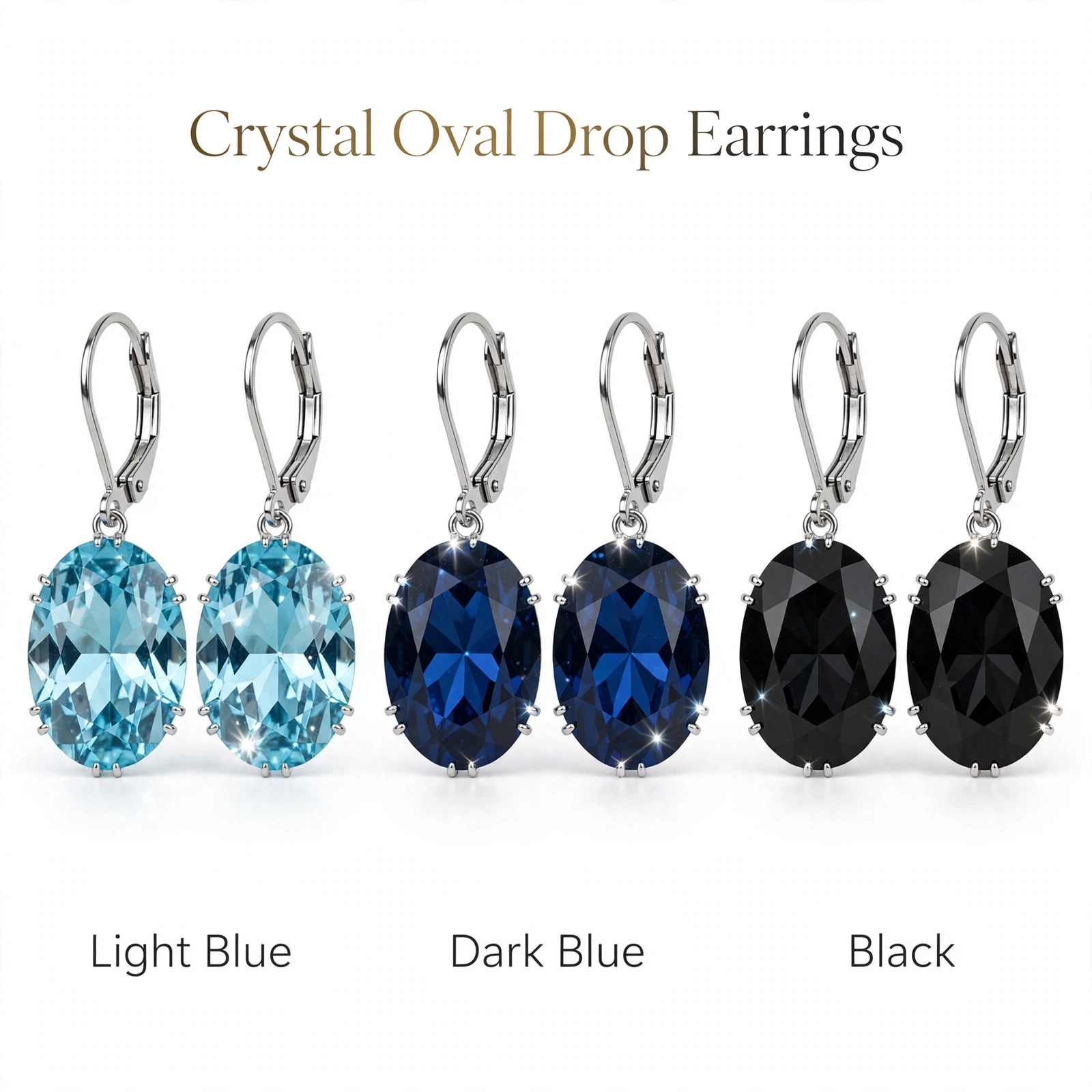 1 Pair (2 Pcs) Crystal Oval Drop Earrings - Light Blue / Dark Blue / Black - Sparkling Fashion Earrings for Girls